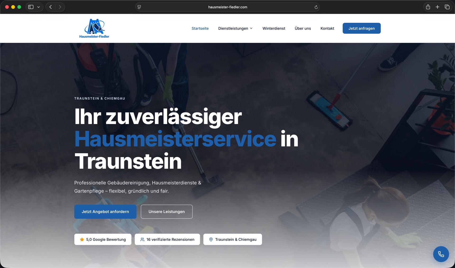 Desktop-Ansicht der Startseite von Hausmeister-Fiedler mit Hero-Bereich, Anfrage-Buttons und Bewertungshinweisen