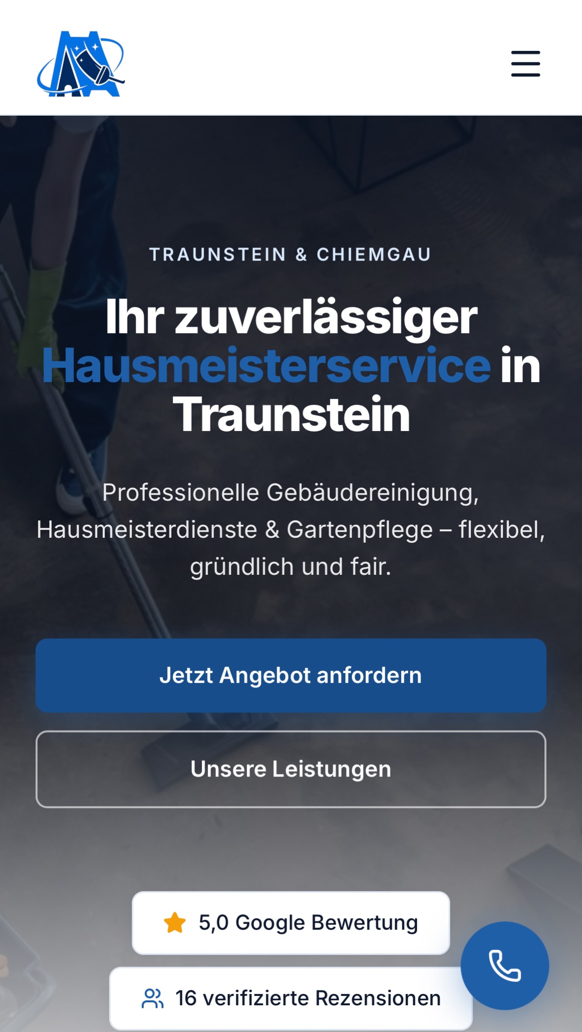 Mobile Ansicht der Startseite von Hausmeister-Fiedler mit Hero-Bereich und Anfrage-Buttons